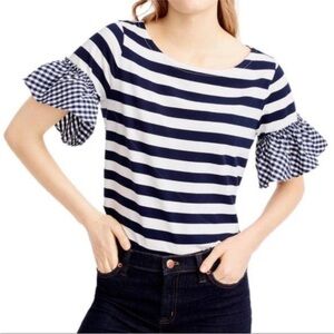 J.Crew Navy White Striped Tee w/ Gingham Ruffle Bell Sleeves Cotton Top Medium